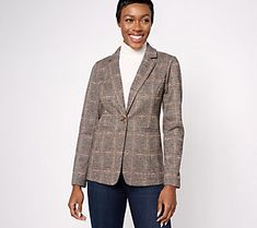 Add some structured style to your outfit (and a dash of playful polish!) when you slip on this plaid blazer. From Joan Rivers. Trendy Fitted Tweed Jacket For Workwear, Plaid Outerwear For Business Casual, Fitted Trendy Tweed Jacket For Workwear, Plaid Casual Outerwear For Business Casual, Casual Houndstooth Tweed Jacket For Office, Casual Tweed Jacket With Houndstooth Pattern For Office, Plaid Tweed Jacket For Business Casual In Winter, Trendy Wool Blazer For Spring, Casual Fitted Tweed Jacket For Business