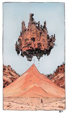 a drawing of a castle in the middle of a desert