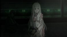 an animated image of a woman with long white hair standing in front of a green light