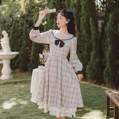 Cottagecore Fashion Aesthetic, Dress With Peter Pan Collar, Cottagecore Dresses, Checked Fabric, Style Midi Dress, Egirl Clothes, Dark Academia Fashion, Academia Fashion, Cottagecore Fashion