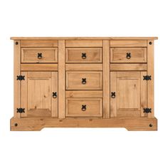 the sideboard is made from wood and has four drawers, two doors and one drawer