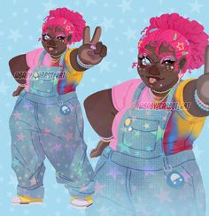 two black women in overalls and pink hair making the peace sign with their hands