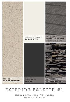 the exterior palette is shown with different colors and textures, including black, white, gray,