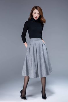 "A short wool skirt for autumn, winter. A simple work skirt. DETAIL * 30% wool, 30% fiber, 40% polyester * fully satiny lining, more nice to the touch body * Seam pocket * Right zipper closure * Below knee length * Wash by hand or machine with cold water SIZE GUIDE Size vary between Brand and Country Please get your body measurement with our Size Guide And Find your size in our Size Chart Size Guide https://www.etsy.com/listing/722950722 SIZE CHART https://www.etsy.com/listing/736810337 This Vid Office Midi Skirt, Flare Skirts, Midi Skirt Winter, Feminine Clothing, Skirt Winter, Classic Clothes, Business English, Tailored Clothes, Skirt Knee Length