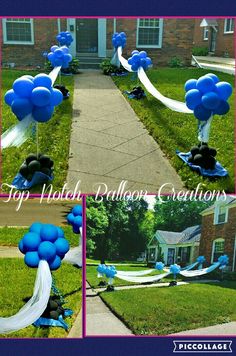 blue balloons and streamers in front of a house