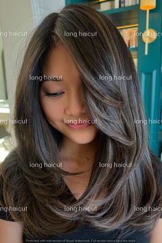 Midlength Haircuts With Long Layers, Short Hair Styles For Long Faces, Girls Layered Haircut, Face Shaping Layers Long Hair, Short Haircut For Long Face, Layered Hair Side Part, Medium Length Haircut With Side Bangs, Medium Long Hair With Layers, Long Bouncy Layers