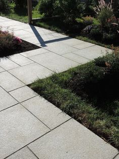 an empty sidewalk in the middle of a garden