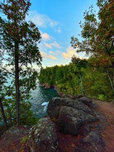 a scenic view of the ocean and trees