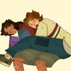 two people laying on top of each other with books in their hands and one person covering his face