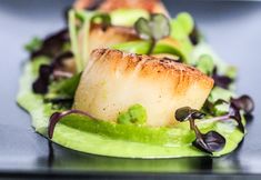 scallops are served on a black plate with green garnish