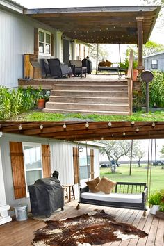 before and after photos of a porch with grass growing on the roof, in front of a house