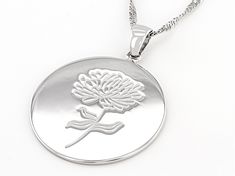 Rhodium Over Sterling Silver Round November Chrysanthemum Birth Flower Pendant With 18" Singapore Chain. Measures Approximately 1.29"L x 0.98"W And 3mm Bail. Lobster Claw Clasp Closure With 2" Extender. Silver Hypoallergenic Flower Necklace, Silver Medallion Necklace With Flower Charm, Personalized Silver Flower Pendant Necklace, Silver Hypoallergenic Flower Pendant Necklace, Hypoallergenic Silver Necklace With Flower Pendant, Hypoallergenic Silver Flower Pendant Necklace, Silver Medallion Necklace With Birth Flower, Mother's Day Silver Flower Necklace With Round Pendant, Silver Engraved Flower-shaped Necklace