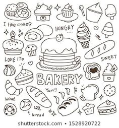 a black and white drawing of bakery related items