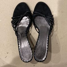 Brand New Casual Low Heel Evening Sandals, Casual Low Heel Sandals For Evening, Casual Silver Closed Toe Heels, Silver Casual Closed Toe Heels, Silver Open Heel Synthetic Sandals, Silver Open Toe Synthetic Sandals, Silver Casual Slip-on Heels, Casual Silver Wedge Heel Sandals, Silver Slip-on Heels For Summer