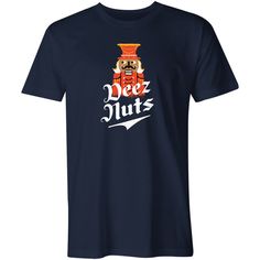 a navy t - shirt with the words weez nuts and a cartoon character on it