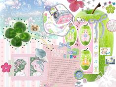 a collage with an apple, flowers, and other items in pastel colors