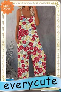 Women Retro Flower Printed Loose Wide Leg Playsuit Summer Sleeveless Casual Vest Romper Fashion Ladies Jumpsuit Streetwear Summer Sleeveless Printed Jumpsuit, Sleeveless Floral Print Jumpsuits And Rompers For Beach, Sleeveless Multicolor Printed Jumpsuits And Rompers, Casual Sleeveless Floral Print Jumpsuits And Rompers, Sleeveless Multicolor Jumpsuits And Rompers With Pockets, Multicolor Sleeveless Jumpsuits And Rompers With Pockets, Multicolor Sleeveless Jumpsuit With Pockets, Summer Floral Print Overall Jumpsuits And Rompers, Summer Floral Print Jumpsuits And Rompers