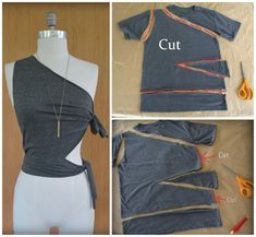 the sewing process shows how to cut and sew a shirt with scissors on it