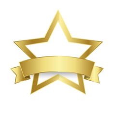 a gold star with a ribbon around it