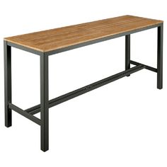 a wooden table sitting on top of a metal frame