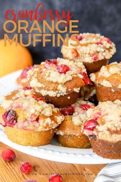 cranberry orange muffins on a white plate with the title above it