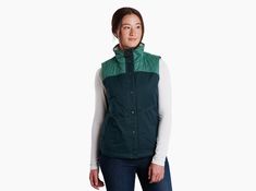 Celeste™ Lined Vest in Women's Outerwear | KÜHL Clothing Fitted Vest For Outdoor Activities, Functional Cotton Vest For Spring, Spring Functional Cotton Vest, Sporty Winter Vest, Green Layering Vest Outerwear, Green Vest Outerwear For Layering, Sleeveless Green Outerwear For Layering, Outerwear Women, Hand Warmers