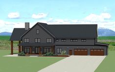 this is an artist's rendering of a house in the country side with two garages