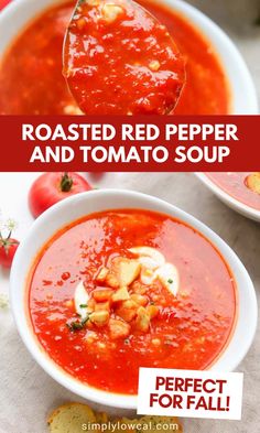 roasted red pepper and tomato soup in a white bowl