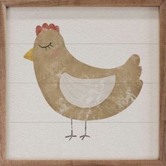 a painting of a chicken in a wooden frame