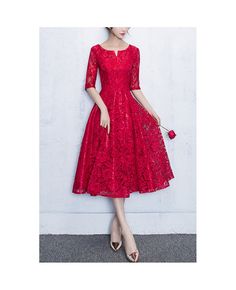 Get 10% off now! Buy modest burgundy lace tea length party dress with half sleeves at cheap price online. Free stable shipping and pro custom service since 2009. Party Lace Dress With Half Sleeves, Elegant Red Half Sleeve Midi Dress, Red Lace Midi Dress With Short Sleeves, Red Half Sleeve Party Dress, Half Sleeve Lace Party Dress, Party Dress Modest, Lace Red Dress, Dress Modest, Burgundy Lace