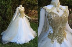 Goddess of Angels Gown by Lillyxandra on DeviantArt Royal Ball Gowns, Gaun Abad Pertengahan, Angel Gowns, Gold Wedding Dress, Fairy Magic, Fantasy Gowns, Medieval Dress