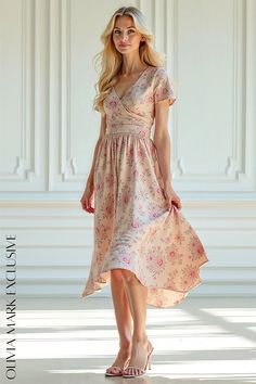 Olivia Mark - Elegant Blush Floral Wrap Midi Dress with Asymmetrical Hemline and Elastic Waistband Wrap Midi Dress, Flowing Skirt, Floral Wraps, Cinched Waist, Olivia Mark, Elegant Dresses, Knee Length, Floral Pattern, Highlights