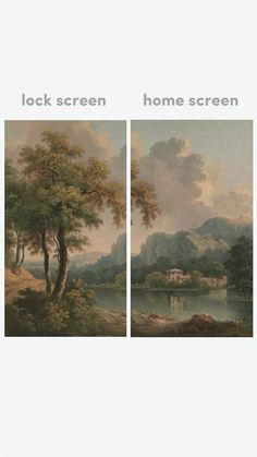 two paintings with trees and mountains in the background, one has a house on it