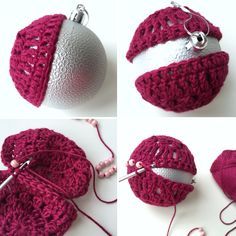 crocheted ornaments are shown in three different ways, including yarn and buttons on the top