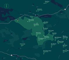 a map with green and black dots showing the location of several locations in the area