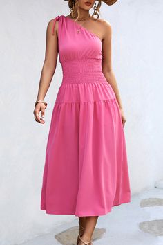 Casual Simplicity Solid Frenulum Oblique Collar Waist Skirt Dresses Chic Non-stretch Maxi Skirt, Pink Non-stretch Dresses, Non-stretch Pink Dresses, Fitted Solid Midi Sundress, Pink Lined Dress For Summer, Casual Knee-length Lined Dress, Casual Knee-length Dress With Lined Skirt, Summer A-line Dress With Lined Skirt, Solid Color Skirted Party Dress