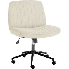 a white office chair with wheels and casteors