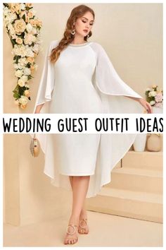 a woman in a white dress with the words wedding guest outfit ideas on top and bottom