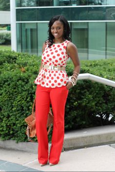 Prissysavvy: Red: Polka Dot Peplum + Flared Pants Pants To Wear With A Blck Polka Dot Peblum Top, Red Floral Print Spring Bottoms, Polka Dot Pants Pinup, Polka Dot Wide-leg Pants With Elastic Waistband, Classy Work Attire, Non-stretch Polka Dot Summer Bottoms, Celebrity Dresses Red Carpet, Spring Attire, Office Outfits Women