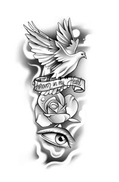 a black and white tattoo design with roses, doves and an inscription that says memory in my heart