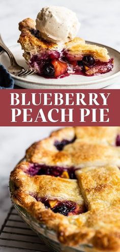 blueberry peach pie on a plate with a scoop of ice cream in the background