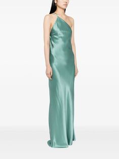 Michelle Mason one-shoulder Bias Gown - Farfetch Green Pre-draped Satin Gown, Green Silk Evening Slip Dress, Green Silk Slip Dress For Evening, Formal Green Bias Cut Maxi Dress, One-shoulder Bias Cut Gown For Gala, One-shoulder Bias Cut Gala Gown, One Shoulder Gown With Bias Cut For Gala, Silk Evening Dress With Asymmetrical Neckline And Bias Cut, Gala Satin One Shoulder Dress With Bias Cut