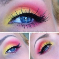 Yellow Orange And Pink Bright Color Makeup, Hawaii Makeup, Makeup Verde, Carnaval Make-up, Big Makeup, Skin Care Advice, Bright Eye Makeup, Yellow Makeup, Makeup Pictorial