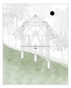 a drawing of a house in the middle of palm trees and water with a black dot above it