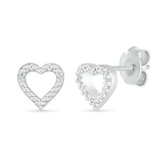 Transform your look with a subtle hint of sweetness from these dainty and darling diamond accent heart outline stud earrings. Created in sterling silver Each earring showcases an open heart lined with diamond accents and beaded details. These post earrings secure comfortably with friction backs. Heart Outline, Peoples Jewellers, Silver Prices, Open Heart, Sterling Silver Earrings Studs, Earring Backs, Diamond Stone, White Metal, Designer Earrings