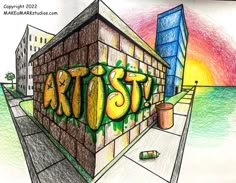 a drawing of a building with the word art city painted on it's side