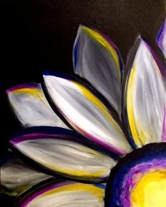 a painting of a purple and yellow flower with white petals on a black background is shown