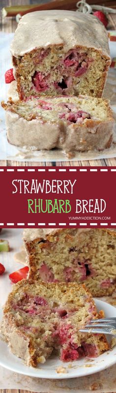 strawberry rhubarb bread is cut in half on a plate