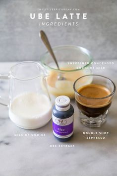 ingredients to make an ice cream recipe on a marble counter top with text overlay that reads, ube latte ingredients