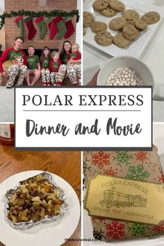 the polar express dinner and movie is featured in this collage with pictures of food